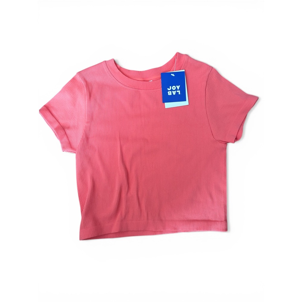JoyLab Womens Ribbed Short Sleeve Crop Top Pink Coral‎ Seamless Athletic Tee L